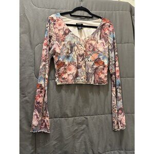 Thorn & Fable Sz XL Mesh Top Bell Sleeve V Neck Fairy Roses Romance Valentine